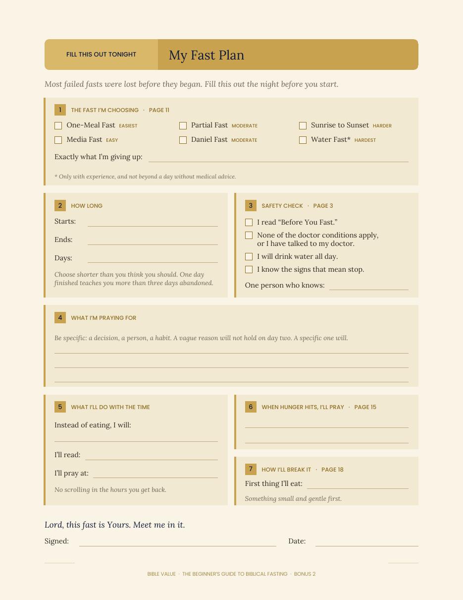 Real Fast Plan Card sample with prompts for the chosen fast, prayer focus, prayer time, and Scripture